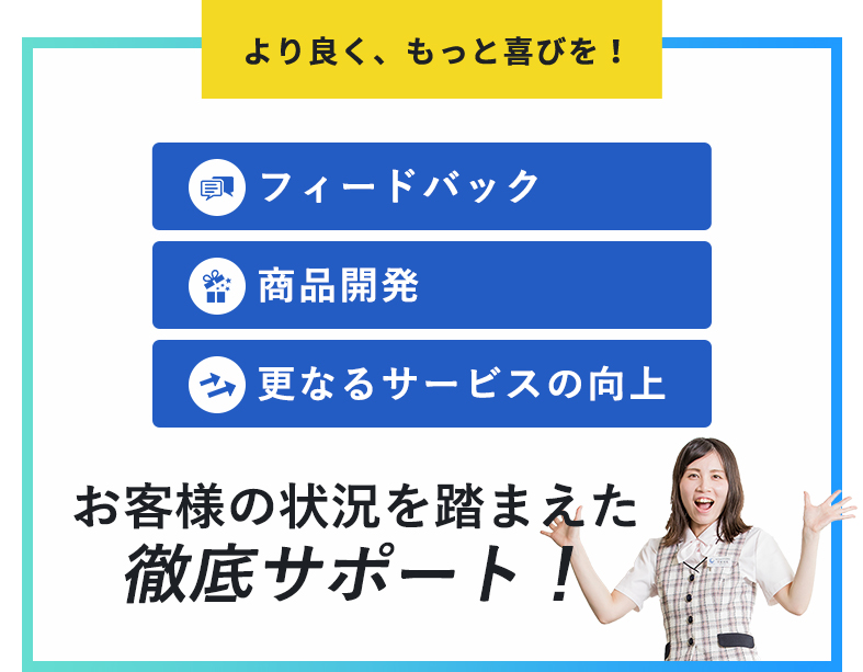 より良く、もっと喜びを!フィードバック商品開発更なるサービスの向上お客様の状況を踏まえた徹底サポート!